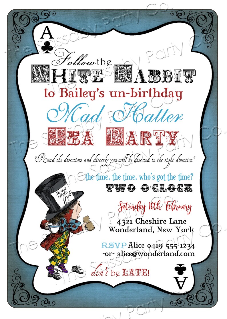 Mad Hatter Tea Party Invitation, Un-Birthday, Alice in Wonderland, Edit Text, Editable, Birthday, Queen of Hearts, White Rabbit, Tea Party, Printable, Print Yourself, Instant Download, Digital Files, Blue