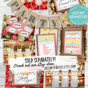 Pode incluir: Uma colagem de decora&ccedil;&otilde;es de festa imprim&iacute;veis com tema de mercado de agricultores. Inclui banners, etiquetas e letreiros com ilustra&ccedil;&otilde;es de frutas e vegetais. O texto inclui "Mercado de Agricultores" e "Katie's Farmers Market Birthday".
