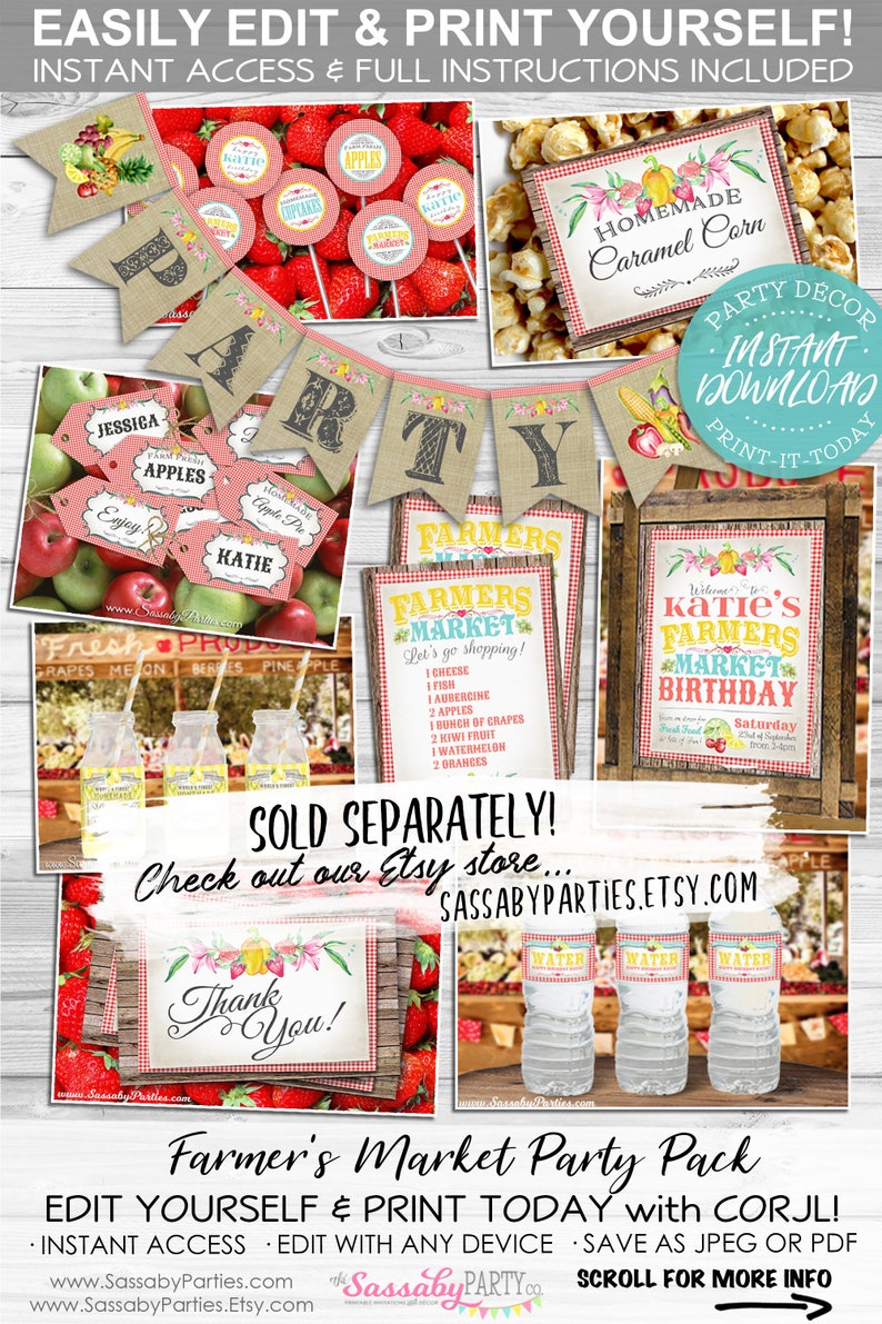 Pode incluir: Uma colagem de decora&ccedil;&otilde;es de festa imprim&iacute;veis com tema de mercado de agricultores. Inclui banners, etiquetas e letreiros com ilustra&ccedil;&otilde;es de frutas e vegetais. O texto inclui "Mercado de Agricultores" e "Katie's Farmers Market Birthday".