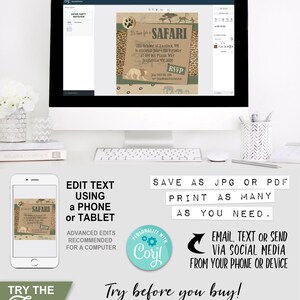 Safari Party Invitation, Jungle Invite, Lion, Elephants, Monkeys, Wild Animal Print, Brown Paper, Any Age, Birthday Party, Instant Download, Printable, Print Yourself, Editable, Edit Text,