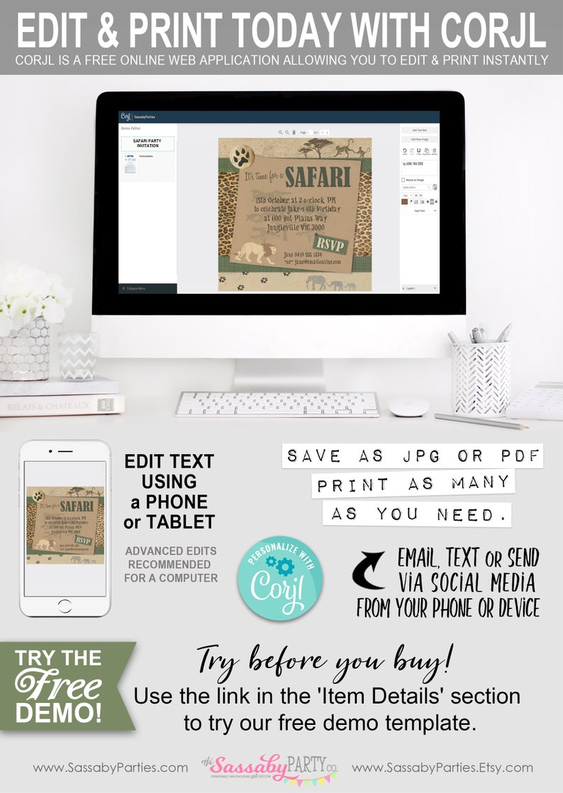 Safari Party Invitation, Jungle Invite, Lion, Elephants, Monkeys, Wild Animal Print, Brown Paper, Any Age, Birthday Party, Instant Download, Printable, Print Yourself, Editable, Edit Text,