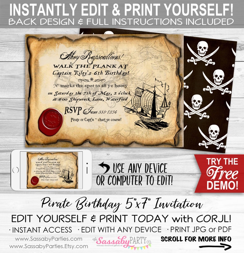 Pirate Party Invitation, Map, X Marks The Spot, Ship, Jolly Roger Edit Text, Editable, Invite, Birthday Party, Printable, Instant Download, Print At Home, Digital Files