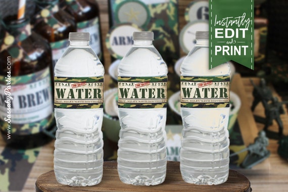 Army Men Water Bottle Labels - INSTANT DOWNLOAD - Editable & Printable Birthday Party Decorations, Decor, Marines, Soldier, Camo, Drinks Il_570xn