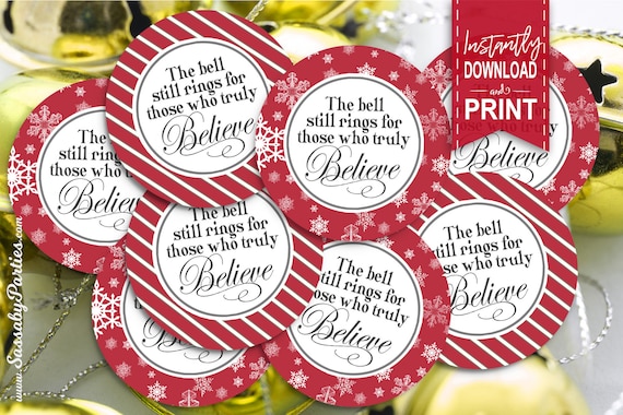 Polar Express Party Circles - INSTANT DOWNLOAD - Edit & Print, Christmas, Birthday Party, Red Favor Gift Tags, Cupcake Toppers, Food Labels Il_570xn