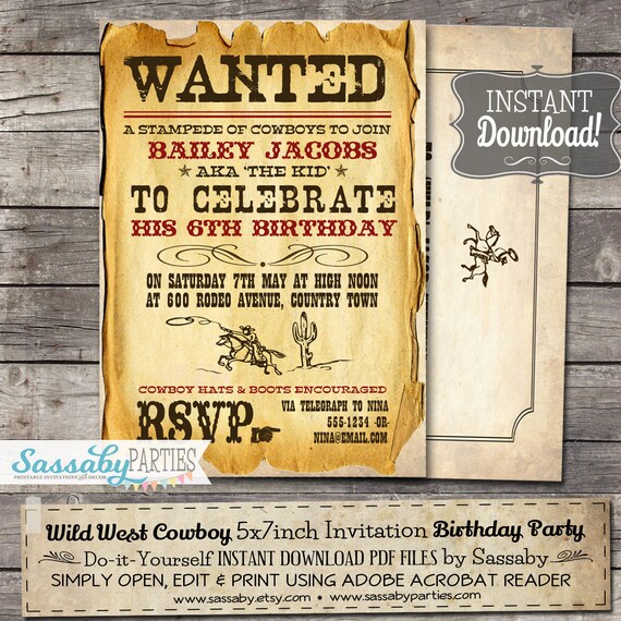 wild west cowboy party invitation instant download partially download birthday party invitations