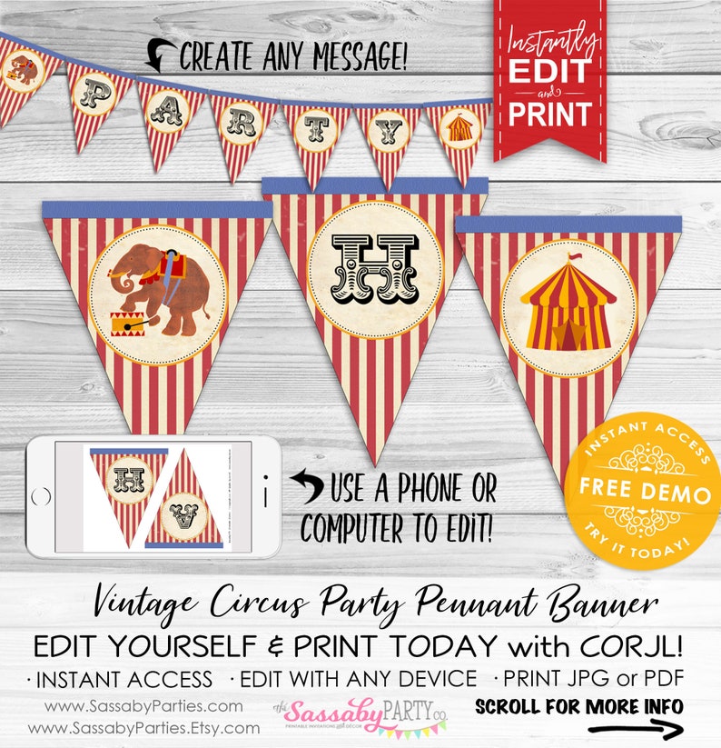 Circus Banner, Bunting, Pennant Flags, Edit Yourself, Editable Message, Elephant, Stripes, Red, Birthday, Decorations, Decor, Instant Download, Print Yourself, Big Top Tent