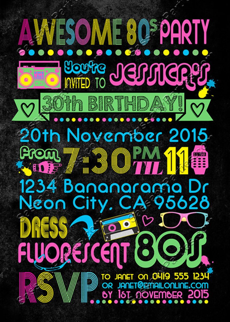 Awesome 80s Party Birthday Invitation, Eighties Invite, Neon, 30th Bday, 40th, Fluoro, Fluorescent, Bright, Retro, Printable, Print Yourself, Instant Download, Editable, Edit Text