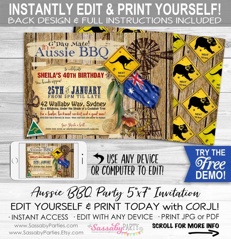 Australian BBQ Party Invitation, Birthday Invite, Edit Text, Editable, Koala, Kangaroo, Australia Bday, Aussie Party, True Blue, Outback, BBQ, Instant Download, Printable, Print Yourself,