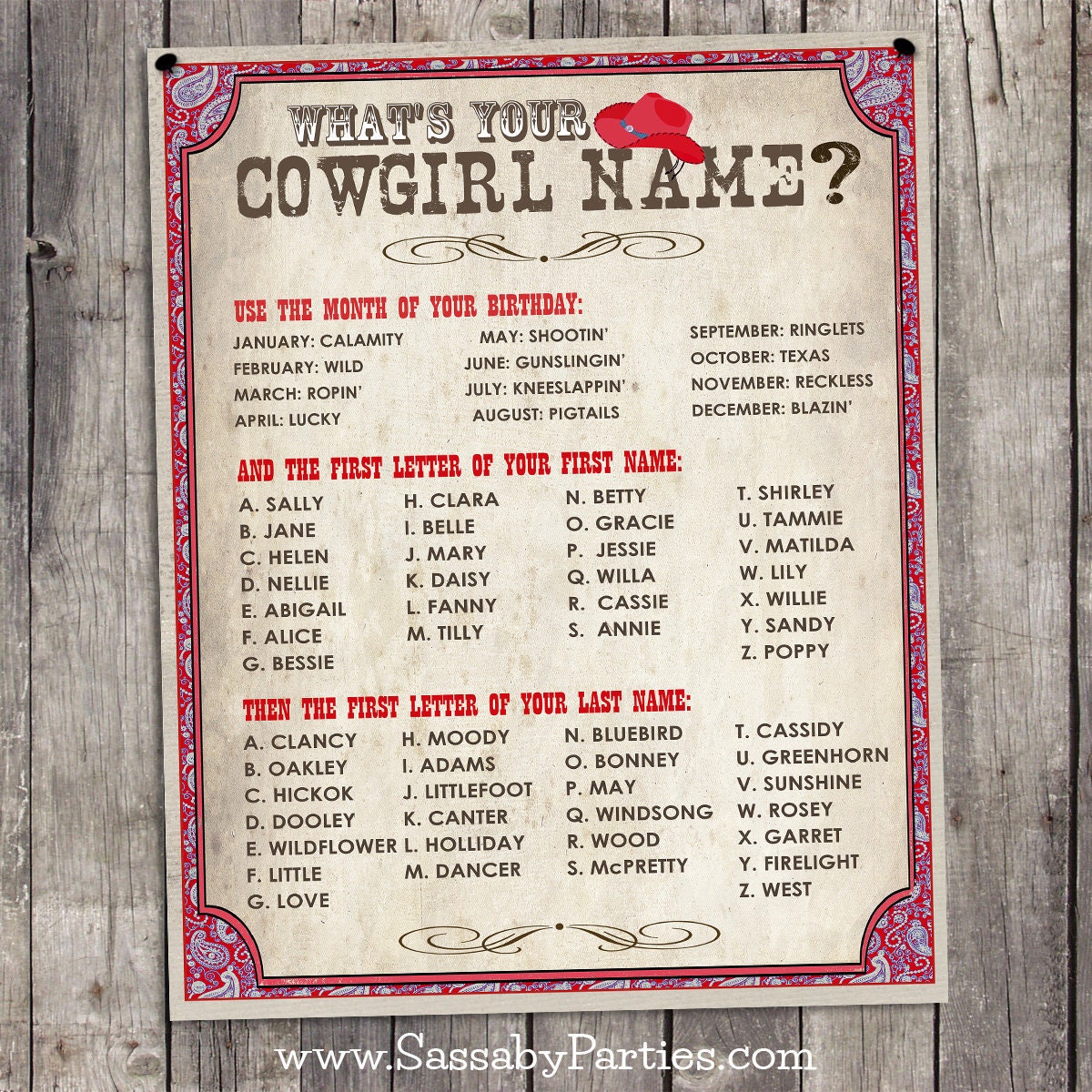 Cowgirl Name Poster RED INSTANT DOWNLOAD 'What's | Etsy