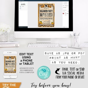 Halloween Party Invitation, Invite - INSTANT DOWNLOAD - Editable & Printable Pumpkin, Witch, Costume Party, Come if you Dare, Bats, Edit Yourself, Edit Text, Birthday, Candy, Cocktails