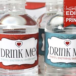 Alice in Wonderland Water Bottle Labels - INSTANT DOWNLOAD - Editable & Printable Party Decorations, Decor, Drink Me,