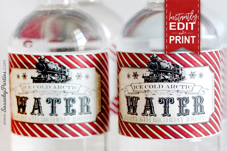 Polar Express Water Bottle Labels, Red, Edit Yourself, Printable, All Aboard, Ice Cold Arctic Water, Birthday Decor, Christmas Party decorations, Editable, Print at Home, Instant Download