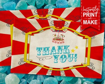 Vintage Carnival Thank You Card & Envelope - INSTANT DOWNLOAD - Printable Birthday Party Decorations, Thankyou, Cards, Favor, Gift Tags