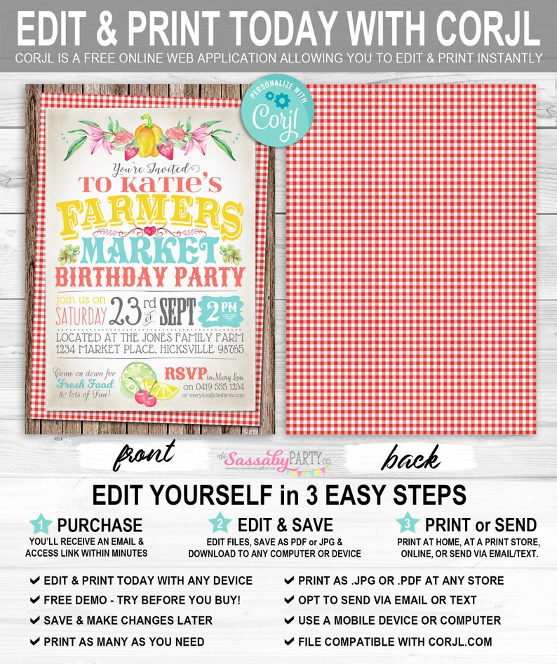 Farmers Market Party Invitation, Invite, Instant Download, Edit Text, Editable, Print Yourself, Printable, Country Stall, Homemade, Farm Fresh, Birthday