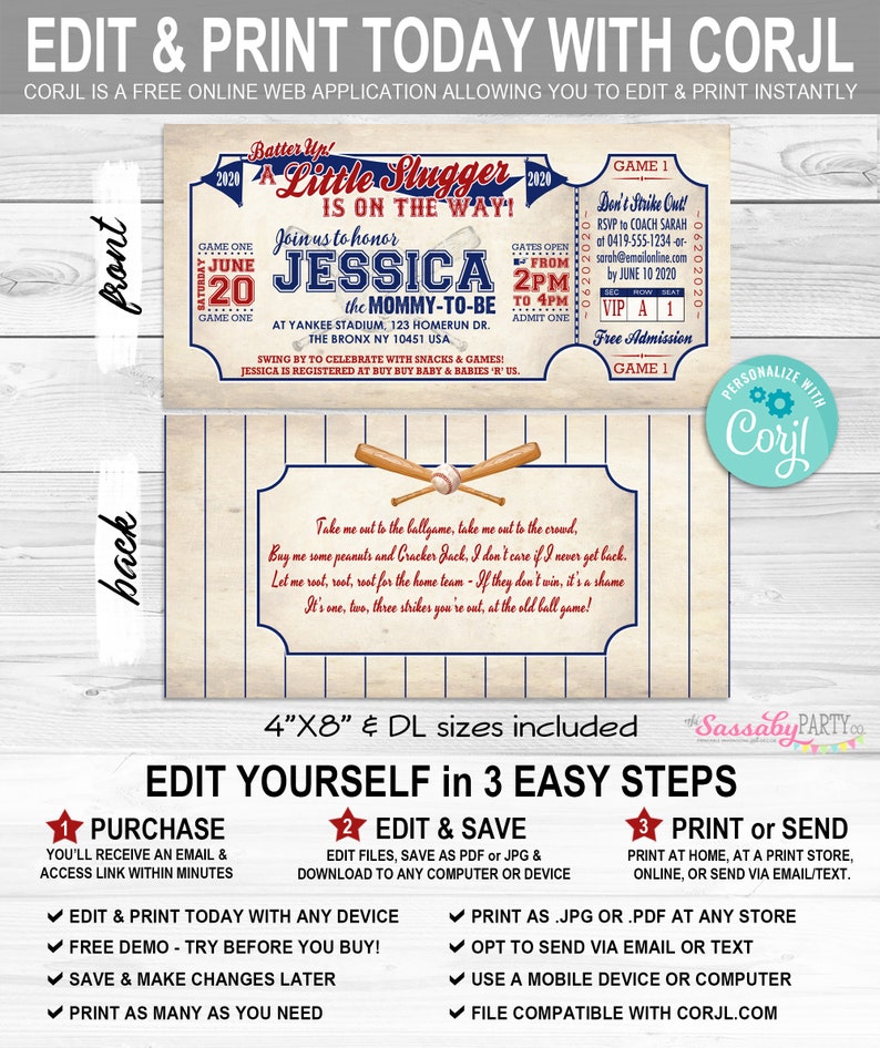 Baseball Baby Shower Invitation, Ticket Invite, Little Slugger On The Way, Mommy to Be, Batter Up, Little Rookie, Edit Text, Editable, Take Me Out To The Ballgame, Play Ball, Home Run, Instant Download, Printable, Print Yourself