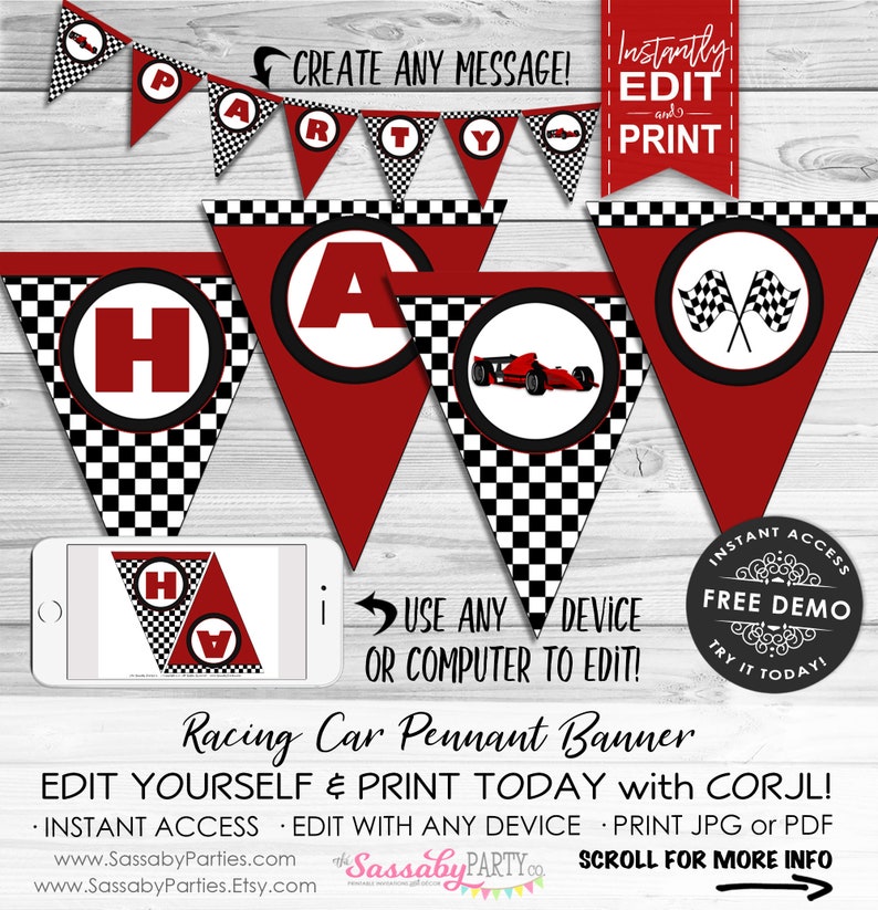 Racing Car Party Banner, Bunting, Checkered Flag, Formula One, Red, Create Any Message, Edit Text, Editable Message, Birthday Party Decorations, Decor, Instant Download, Printable Birthday, Print Yourself