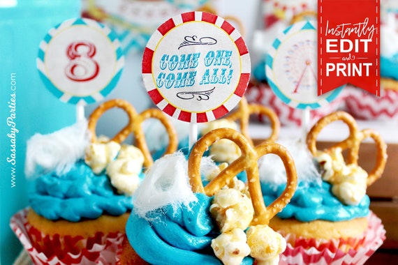 Vintage Carnival Party Circles/Cupcake Toppers - INSTANT DOWNLOAD - Editable & Printable Birthday Decorations, Decor, Food, Candy Favor Tags Il_570xn