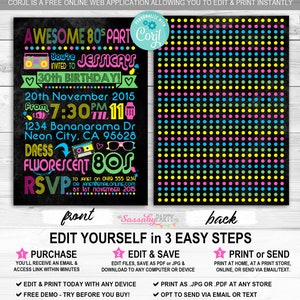 Awesome 80s Party Birthday Invitation, Eighties Invite, Neon, 30th Bday, 40th, Fluoro, Fluorescent, Bright, Retro, Printable, Print Yourself, Instant Download, Editable, Edit Text