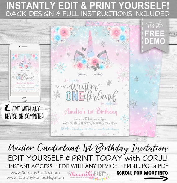 Winter Onederland Party Invitation - INSTANT DOWNLOAD - Editable & Printable, Unicorn First Birthday, Invite, 1st Bday, Pastel Snowflakes Il_570xn