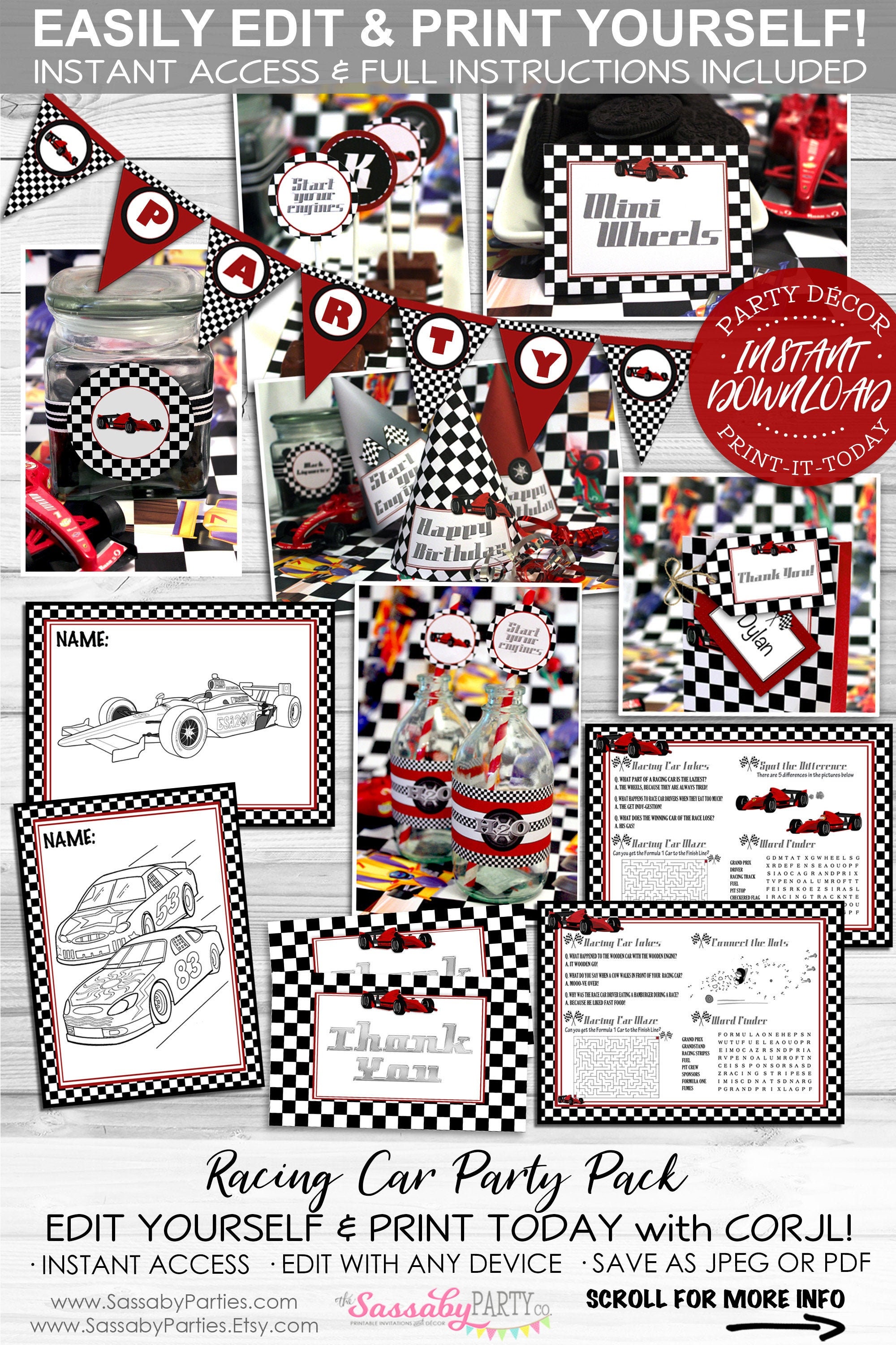 INSTANT DOWNLOAD Racing Car Party Favor Tags Grand Prix Thank You Editable & Printable Birthday Decorations Race Car Labels Decor