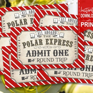 Polar Express Train Tickets - INSTANT DOWNLOAD - Printable Christmas Party Entry, Welcome Favor, Birthday, Red Labels, Admit One, Round Trip