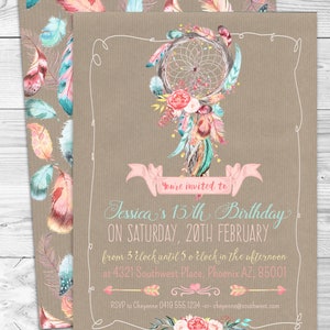 Boho, Dreamcatcher, Feathers, Pastel, Invitation, Invite, Girls, Floral, Pretty, Dreamy, Editable, Edit Text, Printable, Birthday Party, Print Yourself, Instant Download, Print At Home, Digital Files