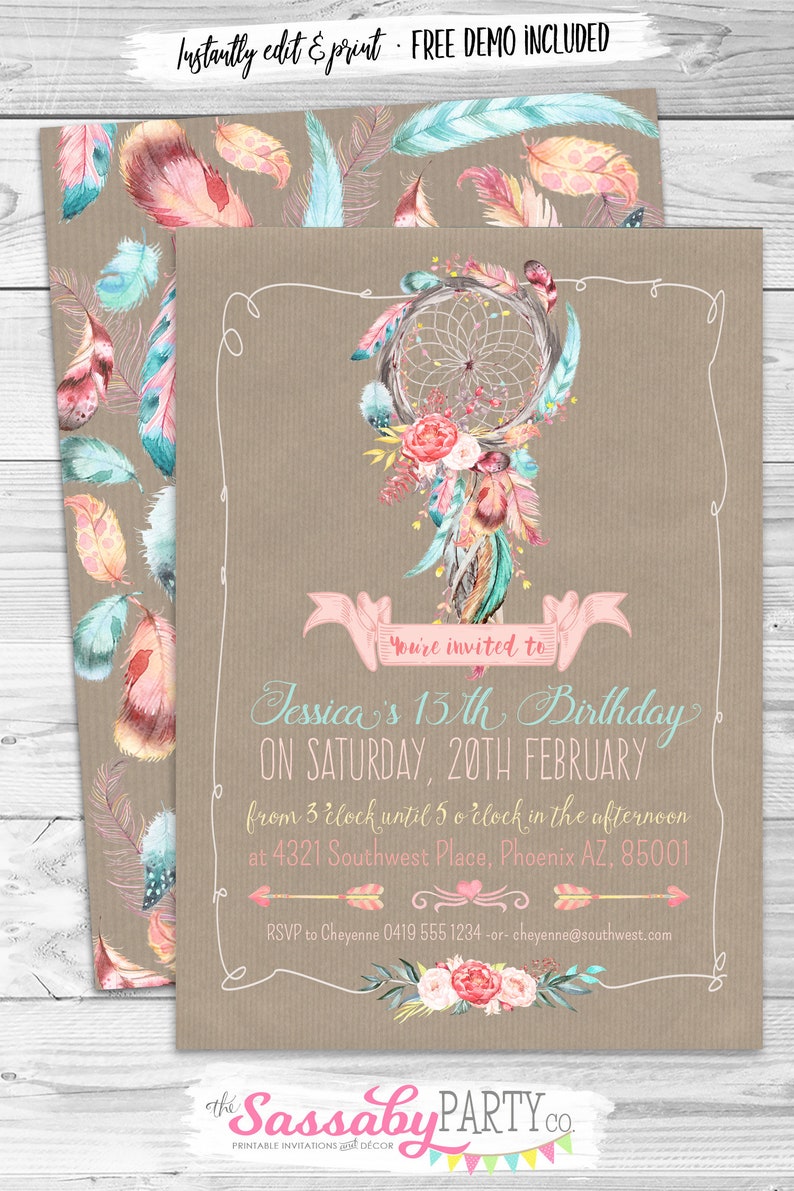Boho, Dreamcatcher, Feathers, Pastel, Invitation, Invite, Girls, Floral, Pretty, Dreamy, Editable, Edit Text, Printable, Birthday Party, Print Yourself, Instant Download, Print At Home, Digital Files