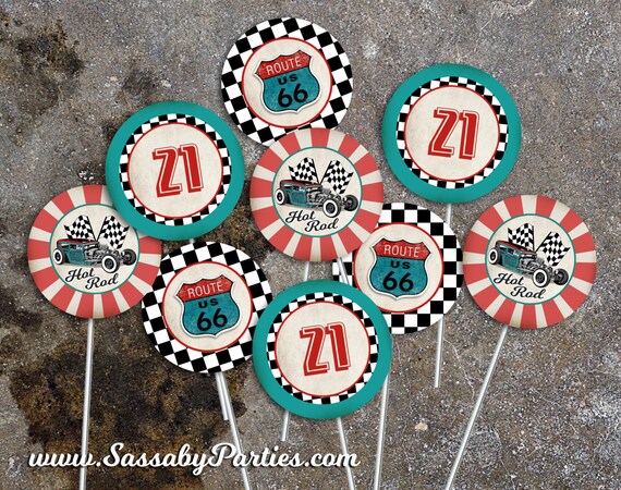 50s Garage Party Circles Favor Tags Cupcake Toppers Instant