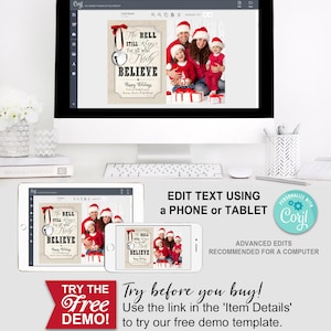 Polar Express Believe Christmas Card, Bell Still Rings, Upload Photo, Picture, Instant Download, Print Yourself, Printable, Xmas, Greeting Message, Edit Text, Editable