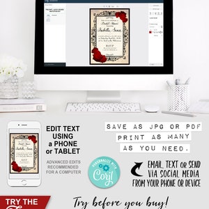 Twilight Lace Roses Invitation, Edit Online with Corjl, Instant Download, Edit Text Yourself, Editable, Printable, Print at Home, Birthday Party, Bridal Shower,