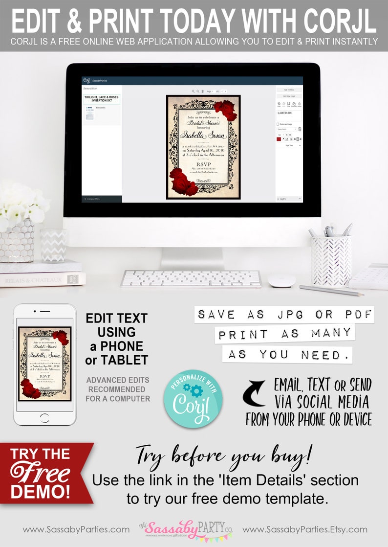 Twilight Lace Roses Invitation, Edit Online with Corjl, Instant Download, Edit Text Yourself, Editable, Printable, Print at Home, Birthday Party, Bridal Shower,