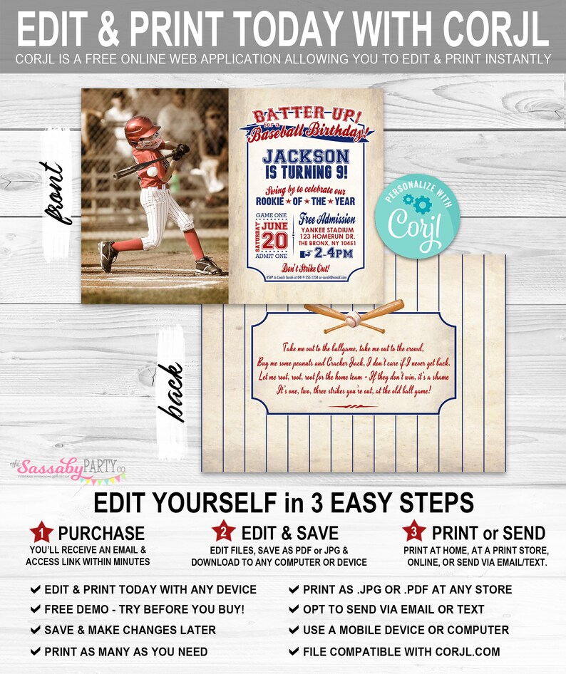 Baseball Photo Invitation, Upload Your Picture Invite, Any Age, All-Star, Edit Text, Editable, Take Me Out To The Ballgame, Play Ball, Home Run, Welcome Sign, Decor, Decorations, Instant Download, Printable, Print Yourself