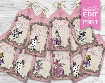 Alice in Wonderland Pastel Thank you Tags - INSTANT DOWNLOAD - Partially Editable & Printable, Birthday Decorations, Baby Shower Decor