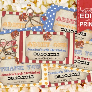 Vintage Circus Party Tags - INSTANT DOWNLOAD - Editable & Printable Birthday Decorations, Decor, Admit One, Elephant, Gift Favor Thank You