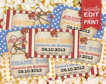 Vintage Circus Party Tags - INSTANT DOWNLOAD - Editable & Printable Birthday Decorations, Decor, Admit One, Elephant, Gift Favor Thank You