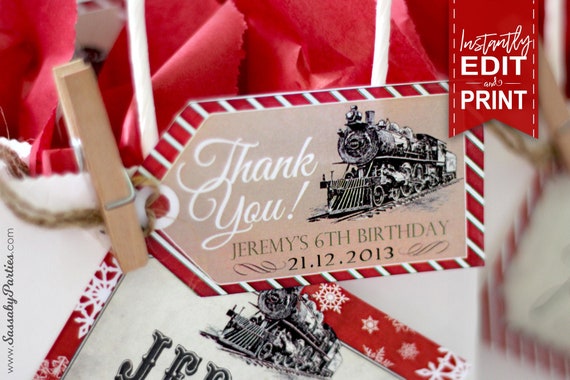 Polar Express Thank You Tags - INSTANT DOWNLOAD - Edit & Print, Christmas, Party Favor Gift, Birthday Decorations, Decor, Train, Thankyou Il_570xn