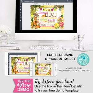 Hawaiian Luau Invitation, Tropical Party, Birthday, BBQ, Beach, Hawaii, Aloha, Bday, 30th Bday, 40th, Cocktails, Retro, Printable, Print Yourself, Instant Download, Editable, Edit Text