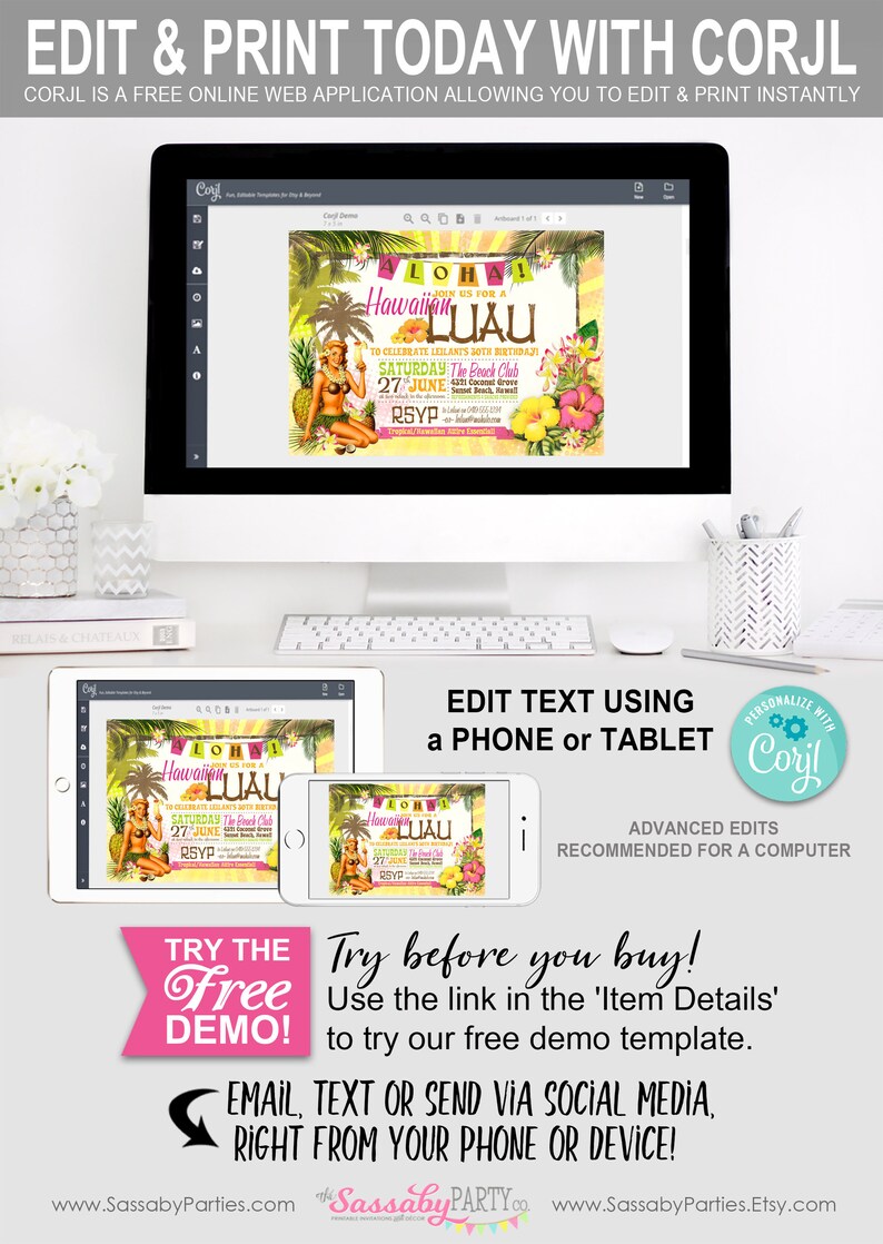 Hawaiian Luau Invitation, Tropical Party, Birthday, BBQ, Beach, Hawaii, Aloha, Bday, 30th Bday, 40th, Cocktails, Retro, Printable, Print Yourself, Instant Download, Editable, Edit Text