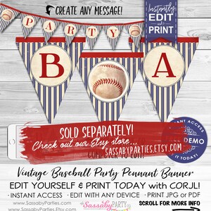 K&ouml;nnte beinhalten: Vintage Baseball-Party-Wimpelbanner mit roten, wei&szlig;en und blauen Streifen. Das Banner zeigt die Buchstaben "PARTY" und "BA" mit einer Baseballgrafik dazwischen. Der Text "SOLD SEPARATELY! Check out our Etsy store... SASSABYPARTIES.ETSY.COM" ist auf dem Bild zu sehen. Der Text "INSTANT ACCESS - EDIT WITH ANY DEVICE - PRINT JPG or PDF" ist ebenfalls auf dem Bild zu sehen.