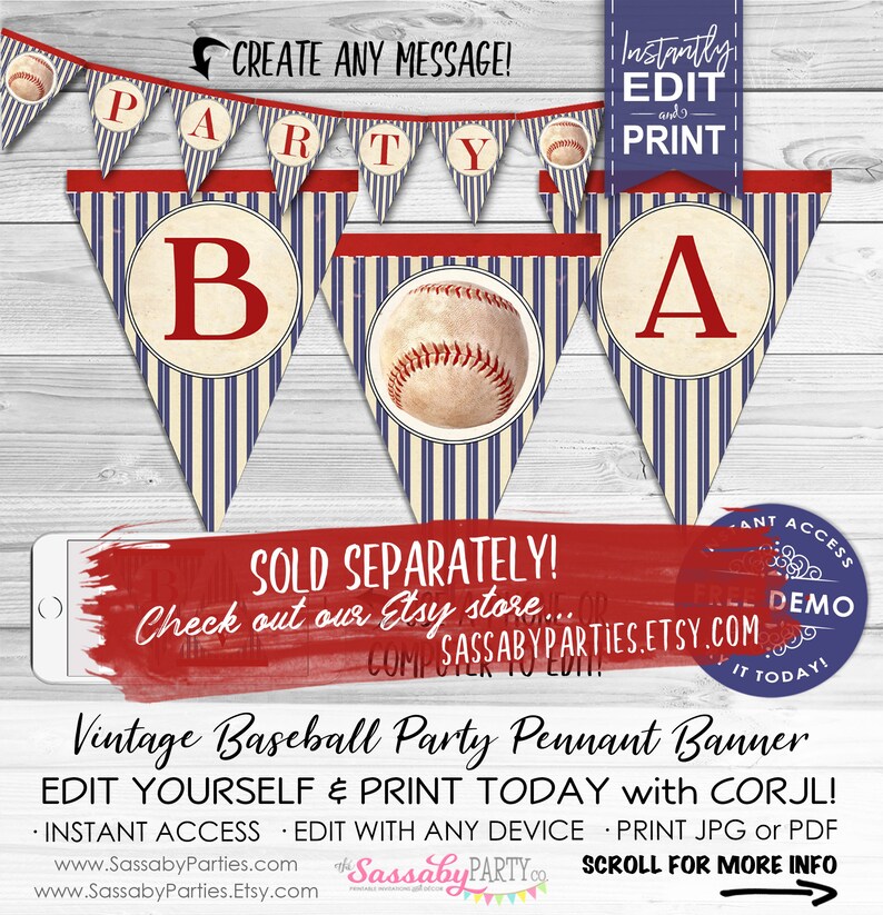 K&ouml;nnte beinhalten: Vintage Baseball-Party-Wimpelbanner mit roten, wei&szlig;en und blauen Streifen. Das Banner zeigt die Buchstaben "PARTY" und "BA" mit einer Baseballgrafik dazwischen. Der Text "SOLD SEPARATELY! Check out our Etsy store... SASSABYPARTIES.ETSY.COM" ist auf dem Bild zu sehen. Der Text "INSTANT ACCESS - EDIT WITH ANY DEVICE - PRINT JPG or PDF" ist ebenfalls auf dem Bild zu sehen.