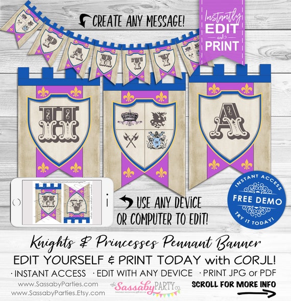 Knights & Princesses Party Banner - INSTANT DOWNLOAD - Editable Text, Printable, Party Decoration, Decor, Bunting, Medieval, Narnia, Royal Il_570xn