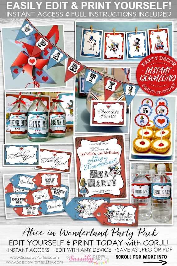Alice in Wonderland Party Pack - INSTANT DOWNLOAD - Edit & Print Yourself, Birthday Party Decorations, Decor, Tea Party, Banner, Labels Il_570xn