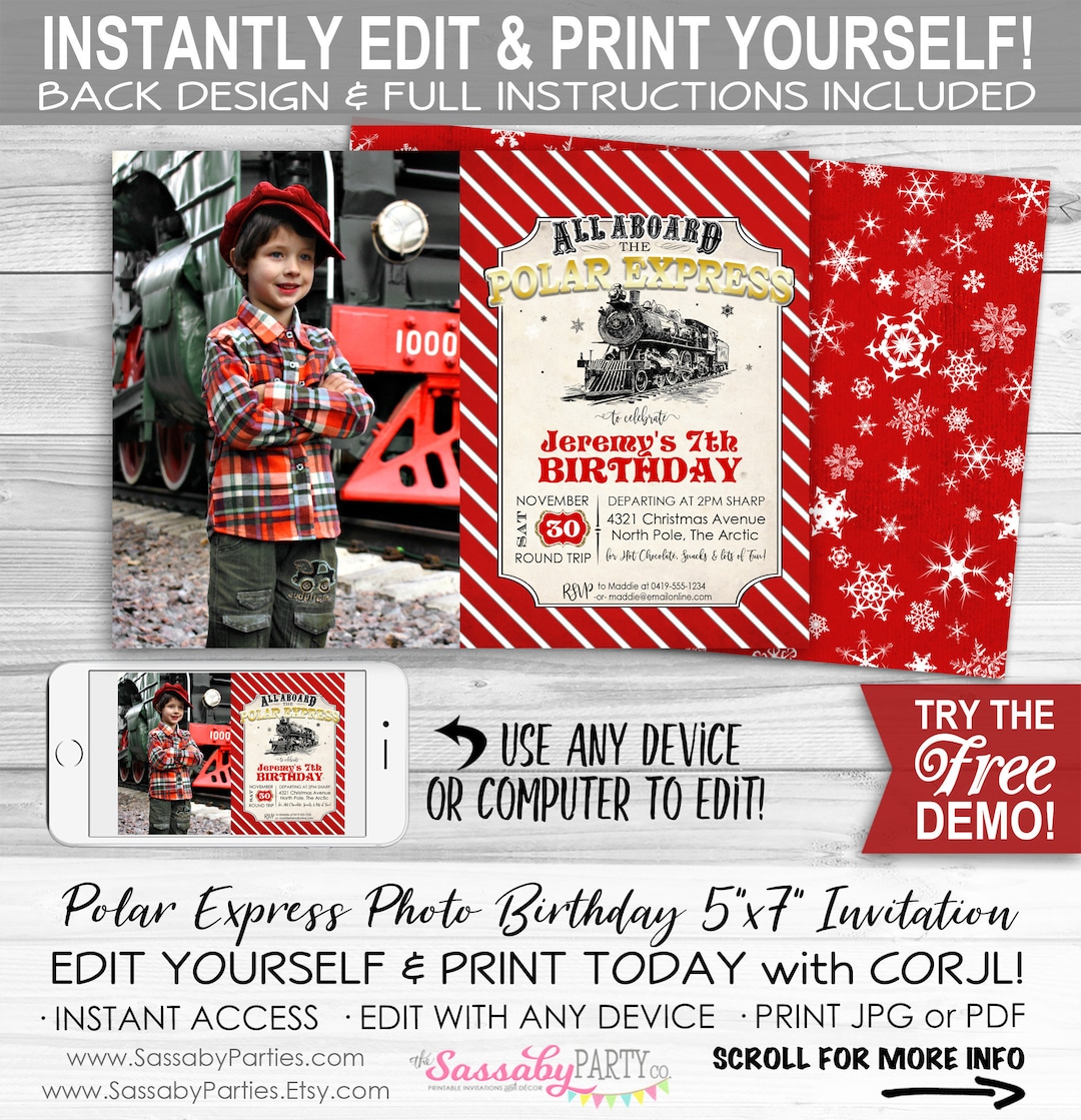 Polar Express Invitation - INSTANT DOWNLOAD - Edit &amp; Print, Photo, Picture, Birthday Party ...