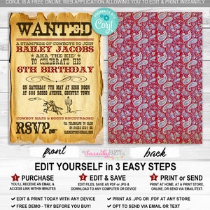 Cowboy, Invitation, Invite, Any Age, Wanted Sign, Poster, Lone Star, Ranger, Texas, Wild West, Edit Text, Editable, Birthday Party, Instant Download, Printable, Print Yourself At Home,
