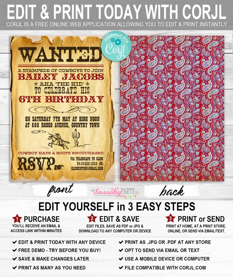 Cowboy, Invitation, Invite, Any Age, Wanted Sign, Poster, Lone Star, Ranger, Texas, Wild West, Edit Text, Editable, Birthday Party, Instant Download, Printable, Print Yourself At Home,