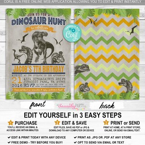 Dinosaur Hunt Invitation, Dinosaurs Invite, Jurassic Partk, T-rex, Raptor, Any Age Birthday Party, Printable, Print Yourself, Instant Download, Editable, Edit Text