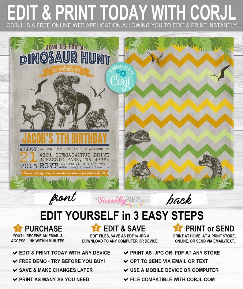 Dinosaur Hunt Invitation, Dinosaurs Invite, Jurassic Partk, T-rex, Raptor, Any Age Birthday Party, Printable, Print Yourself, Instant Download, Editable, Edit Text