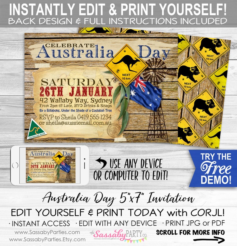 Australia Day Invitation, Party Invite, Edit Text, Editable, Koala, Kangaroo, Australia Bday, Aussie Party, True Blue, Outback, BBQ, Instant Download, Printable, Print Yourself,