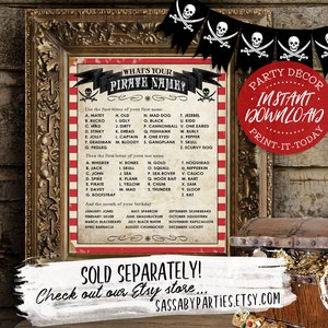 May include: A printable pirate name generator with a red, white, and black color scheme. The printable features a pirate skull and crossbones graphic and the text "What's Your Pirate Name?"  The printable includes a list of pirate names based on the first letter of your first and last name and the month of your birthday.