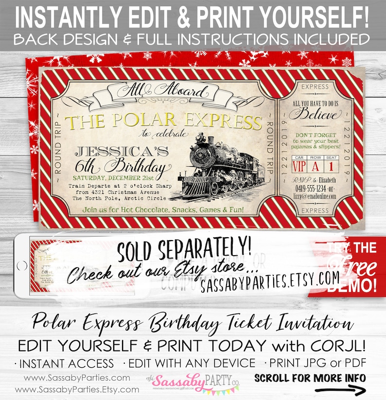May include: A red and white striped ticket invitation for a Polar Express themed birthday party. The ticket features a vintage train illustration and the text "All Aboard The Polar Express to celebrate Jessica's 6th Birthday".